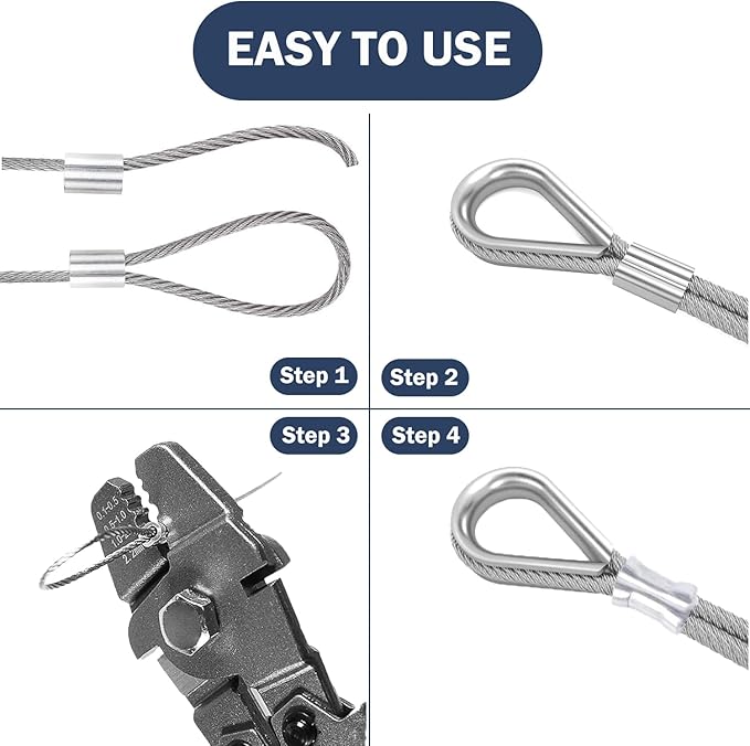Wire Rope Crimping Tool Kit,165FT Wire Rope Kit,1/16" Stainless Steel Cable with 150PCS Aluminum Crimping Loop Sleeve, 20Pcs Wire Rope Thimble