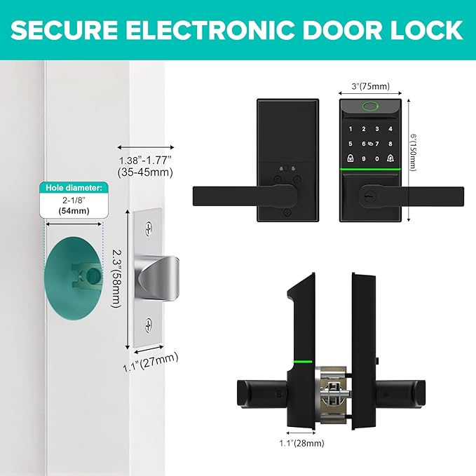 Smart Door Lock Keyless Entry 6 in 1 Electric Biometric Digital Deadbolt APP Fingerprint Touchscreen Keypad IC Card Key Type-C Charging Unlocking for Front Doors Home