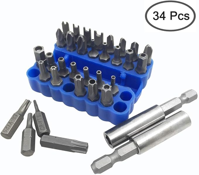 34 Pcs Screwdriver Bit Set with Magnetic Extension Bit Holder, FineGood Security Anti-Tamper SAE Metric Hex Tri-Wing Torq Spanner Star Bit - Blue