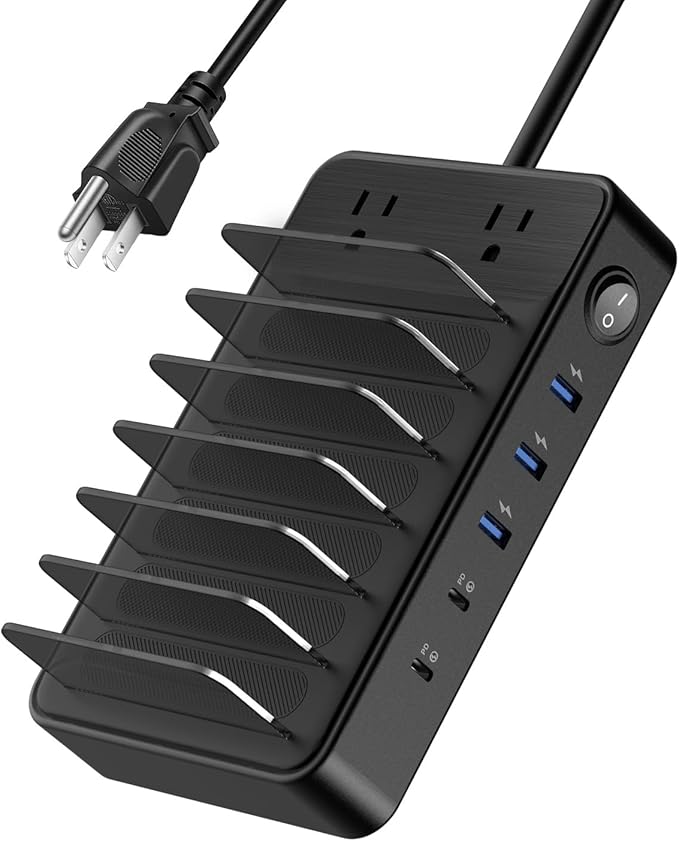 85W Charging Station for Multiple Devices, 7-in-1 Power Strip with 2 AC, 2 USB C, 3 USB A, USB C Charging Hub for MacBook, iPhone, Android & More, USB Desk Charger, Black