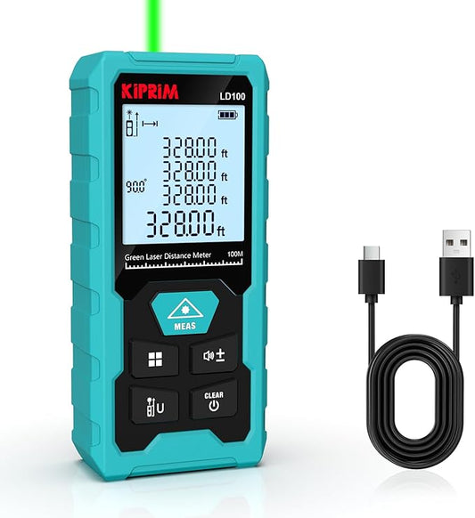 Kiprim Green Laser Distance Meter, 328ft Measuring Tool with USB Type-C Rechargeable Battery, ±1/16" Accuracy, Electronic Level, 10 Modes, Class II Laser, Reflector Plate LD100