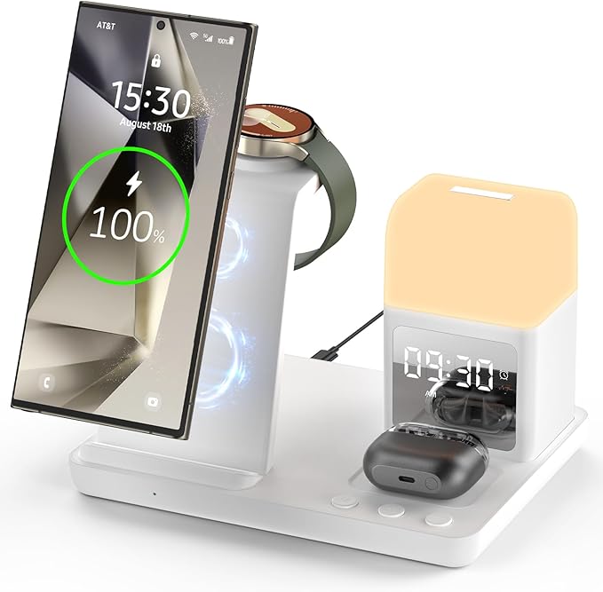 Wireless Charger for Samsung/Android, 6 in 1 Phone Nightstand Charging Station Charger with Alarm Clock/Night Light for Samsung S25/S24/S23 Ultra/Buds3 Pro,Watch Charger for Galaxy Watch 8/7/6/5-White