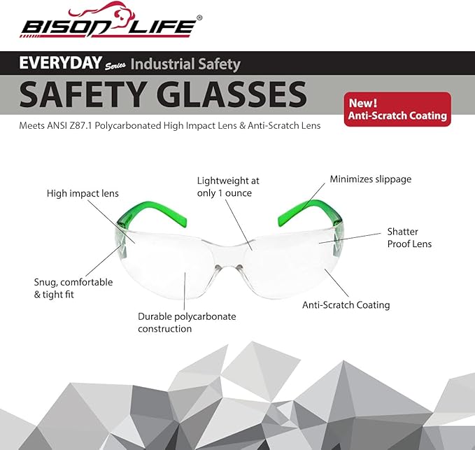 BISON LIFE Safety Glasses - Scratch Resistant Wrap Around Eyewear, Polycarbonate ANSI Z87.1 Impact Resistant Lens