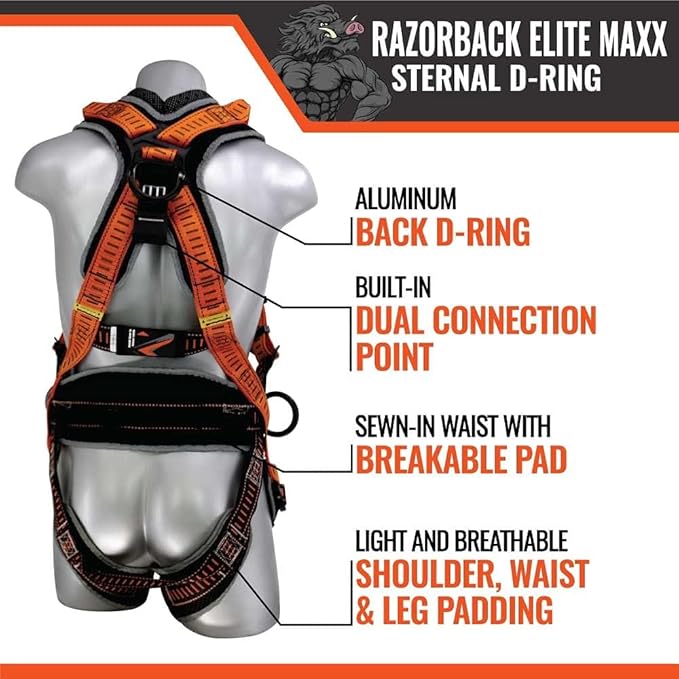 Malta Dynamics Razorback Elite MAXX - Safety Harness and Fall Protection Kit with Belt, Rescue Handles, OSHA & ANSI Compliant
