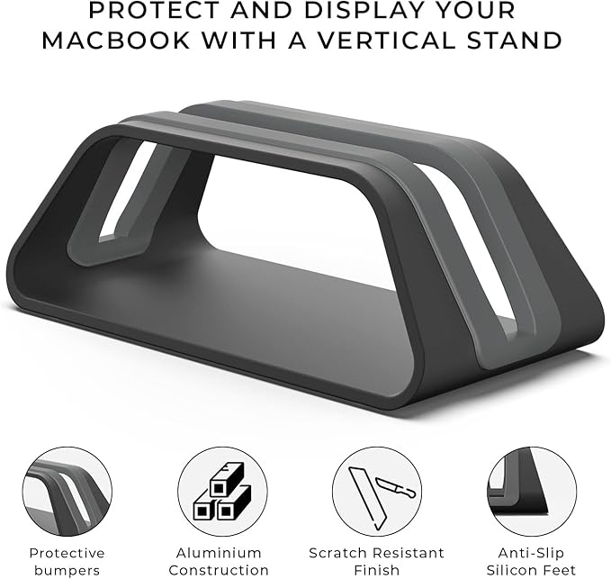 HumanCentric Vertical Laptop Stand Compatible with MacBook Pro and MacBook Air, Holder for Personal Computer Desk Stand, Aluminium, Exchangeable Inserts to Fit Different Device Models, Black