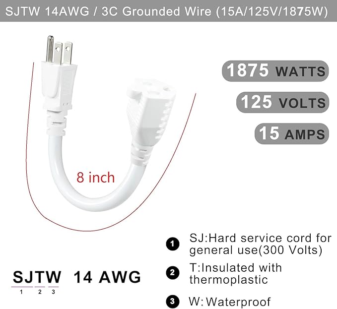 KUNCAN Short Power Extension Cord - 15A 6 Inch 3 Prong Outlet Saver, 1875W 14AWG/3C SJTW Heavy Duty Power Cord Extension Cable (NEMA 5-15P to NEMA 5-15R) Indoor/Outdoor Use, White 2-Pack