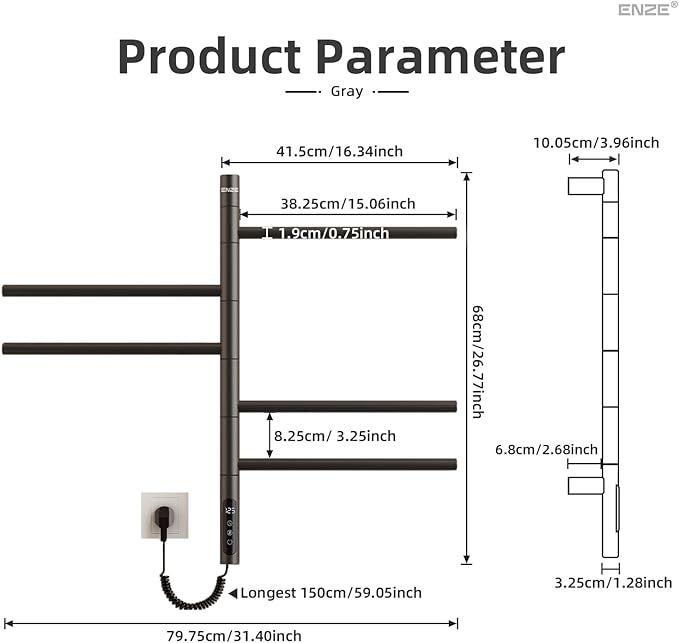 ENZE Smart Rotating Heated Towel Rack for Bathroom, Wall-Mounted Electric Towel Dryer with Swivel Bars, Smart Timer, Low Carbon Steel, IPX5, Plug-in/Hardwired, Towel Warmer with Wi-Fi App Control