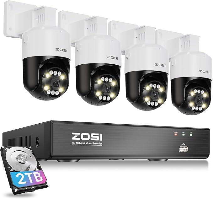 ZOSI 4K PoE Security Camera System with AI Face Person Vehicle Detection, 4 x 5MP 3K Outdoor Auto Tracking PT PoE Camera with 5X Digital Zoom, 2-Way Audio, 8CH 8MP NVR with 2TB HDD (16CH Expandable)