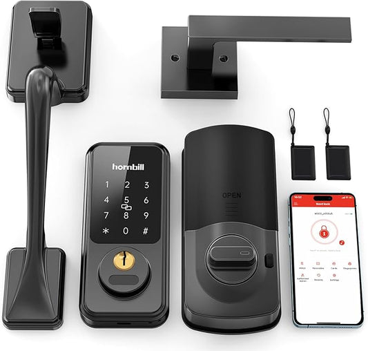 Keyless Entry Door Lock with Handle, Hornbill Smart Front Door Lock Set, Electronic Keypad Deadbolt Lock, Alexa Front Door Handle Set, Digital Lock via Bluetooth APP/Keyfob/Auto Lock-Matte Black