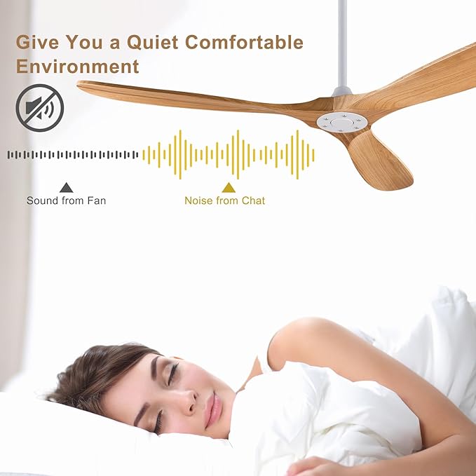 60'' Ceiling Fans Without Light, Solid Wood Ceiling Fan No Light with Remote and 3 Wood Blades,6 Speed DC Motor Indoor Outdoor Ceiling Fans for Patio, Living Room, Bedroom, Office