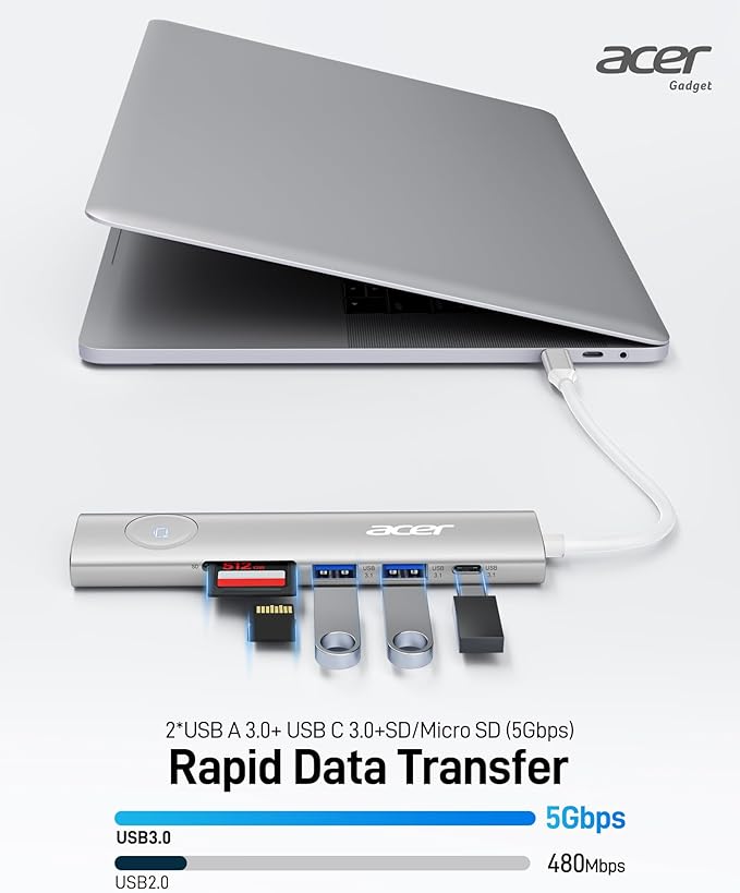 Acer USB C HUB Multiport Adapter, 7 in 1 USB-C to HDMI Adapter with 4K@60Hz, 100W PD, 5Gbps 2*USB-A 3.1, 1*Type-C 3.1, SD Card Reader Type C Dongle for iPhone 16/15, MacBook Pro/air, iPad, Acer