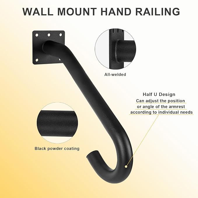 2 Pcs Handrails for Outdoor Steps Stair Railing Indoor, Handrail for 1-3 Steps,Half U Design Universal Stairs Wall Mounted Metal Handrail for Elderly,Included Hardware