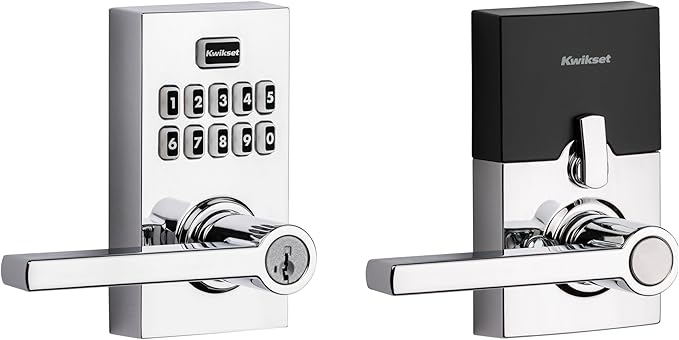Kwikset SmartCode 917 Keypad Keyless Entry Contemporary Residential Electronic Lever Lock Deadbolt Alternative with Halifax Door Handle and SmartKey Security, Polished Chrome