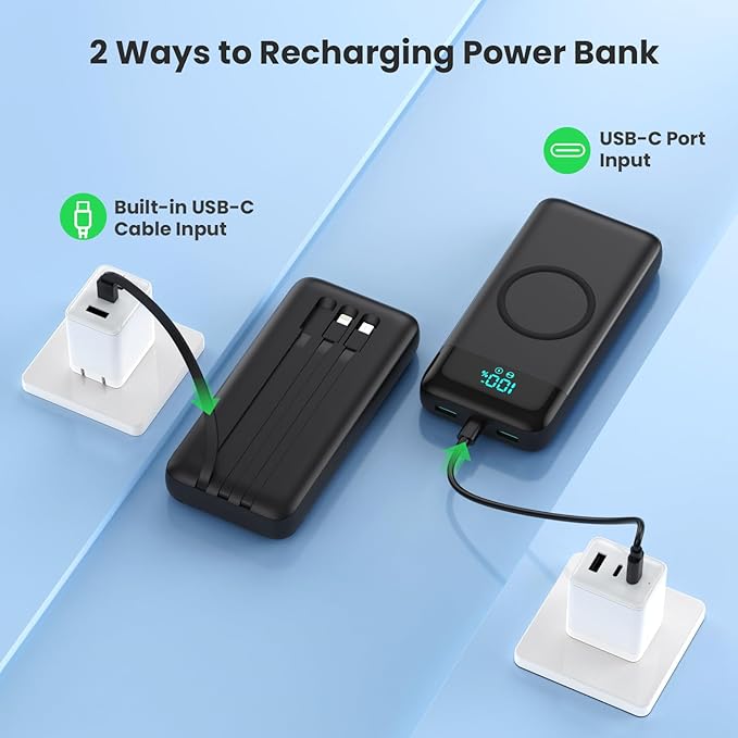 Wireless Portable Charger 40800mAh with 3 Built-in Cables,7-in-1 15W Wireless Charging Power Bank,25W PD QC 4.0 Fast Charging USB C LCD Display Battery Pack for iPhone 16/15/13/12,Samsung,Android etc