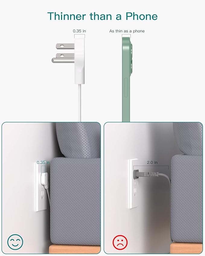 Flat Plug Power Strip, Ultra Thin Flat Extension Cord - Addtam 12 Widely AC 3 Sides Multiple Outlets, 5Ft, 1050J Surge Protector, Wall Mount, Desk Charging Station for Home Office Dorm Room Essentials