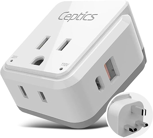 Ceptics UK, Ireland Power Adapter Travel, Safe Dual USB & USB-C 3.1A - 2 USA Socket - Compact & Powerful - Use in Hong Kong, England, Dubai, Saudi Arabia - Includes Type G Swadapt Attachments