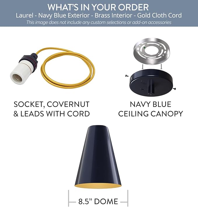 Steel Lighting Co. Laurel Pendant Light | Ceiling Mounted | 8.5 inch Cone Shade | Modern Contemporary Farmhouse Style Made in America | Gold Cloth Cord | Navy Blue Exterior/Brass Interior