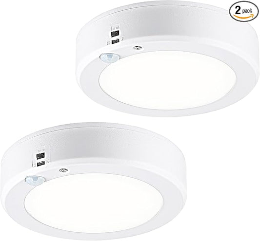 LIT-PaTH Battery Operated Motion Sensor Ceiling Light, 6.1inch 5000K Wireless Motion Light Indoor, 140 Lumens Battery Powered Cordless Lamps for Hallway Stair Laundry,2-Pack(Battery Not Included)