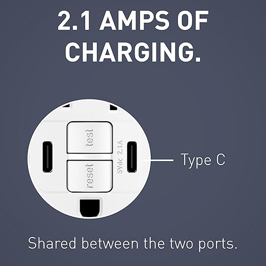 Legrand Radiant 1597TRUSBCCW 15 Amp GFCI Self Test Tamper Resistant Decorator Duplex Outlet with USB Type C, White (1 Count)