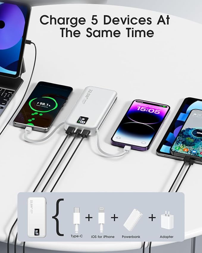 Portable Charger Built-in Cables and AC Wall Plug, 12000mAh power Bank, USB C 22.5W Fast charging Phone Charger ,Compact Lightweight External Battery Pack for iPhones, iPad, Samsung，Tablets, etc.