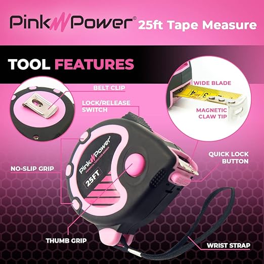Pink Power 25ft Pink Tape Measure - Measuring Tape for Women's Tool Kit with Retractable Blade and Lock Button - Girls Measuring Kit - Lightweight Measurement Tool