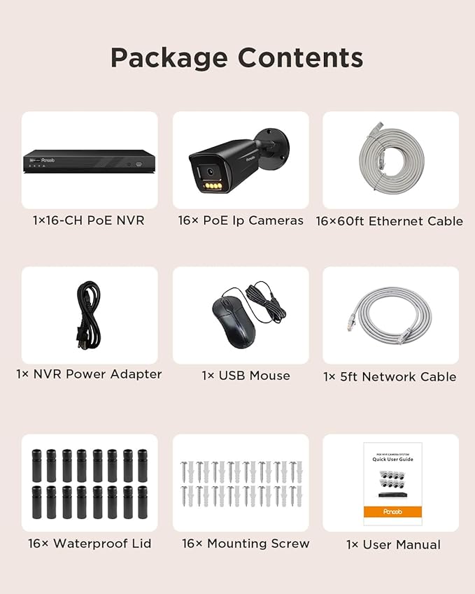 16 Channel Security Camera System, 16CH NVR & 4TB HDD, 16X 5MP PoE Commercial IP Bullet Camera, Smart Color Night Vision, 2 Way Audio, AI Human Vehicle Detection, Remote Access, PB65B1616-5MD