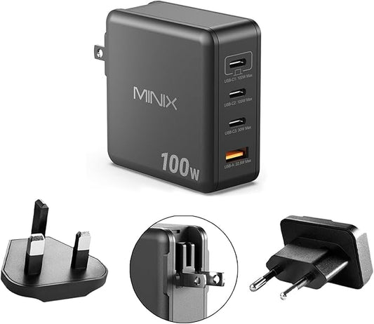 MINIX 100W USB C Charger, 4-Port USB-A/C Foldable Fast Gan Charger (Max 100W/30W/22.5W), Compatible with MacBook Pro/Air, iPad, iPhone 15/16 Pro, Galaxy S24, and More for Home, Traveling