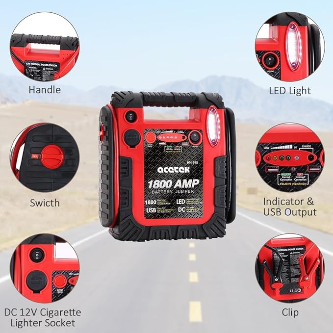 1800 Amp Car Jump Starter Portable Battery Charger, 20000 mAh Emergency Supply Power Pack (Up to 6 L Gas or 6 L Diesel Engine), 12V Auto Lead-Acid Battery Booster with LED Light & USB Ports