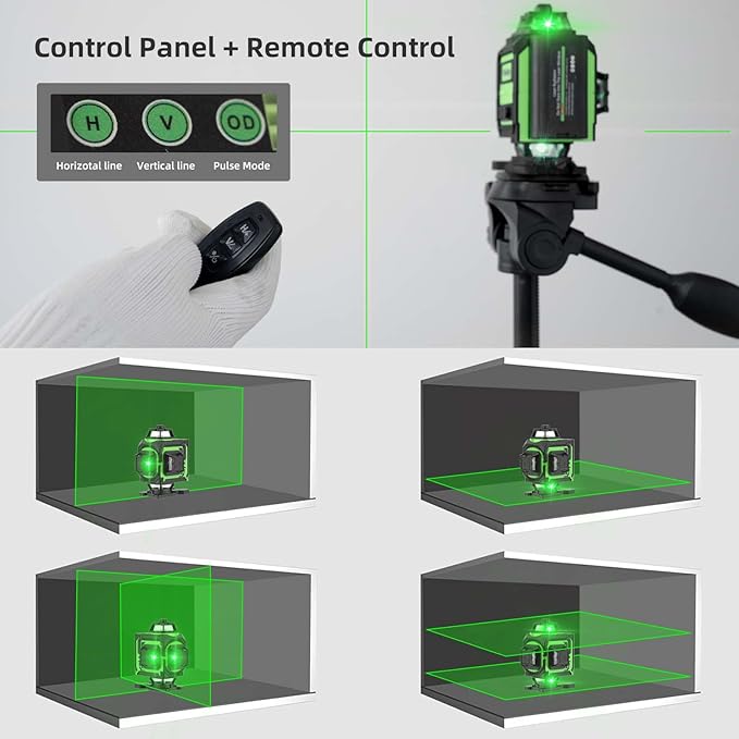 4D Green Laser Level 4 * 360 self-leveling with high brightness cross line three levels adjustable light with 2 * 2400mAh Rechargeable Battery & Hard Carry Case& adjustable metal base mount