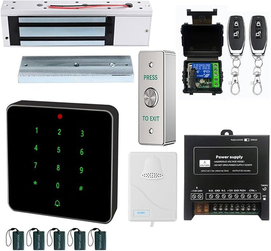 Electric Magnetic Lock Kit 1200lb Electromagnetic Lock Waterproof RFID Keypad with Press to Exit Button Doorbell Chime and Remote Control for Door Access System