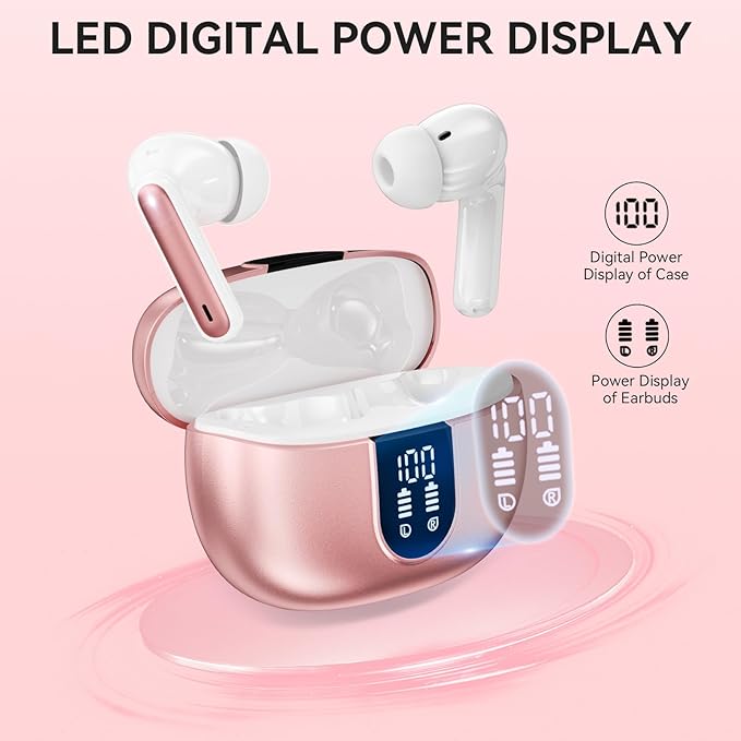 Wireless Earbuds, Bluetooth 5.3 Headphones 40Hrs Playtime Deep Bass Stereo, LED Power Display, Call Noise Canceling Headphones with Mic, IP7 Waterproof Earphones for iOS Android Rose Gold