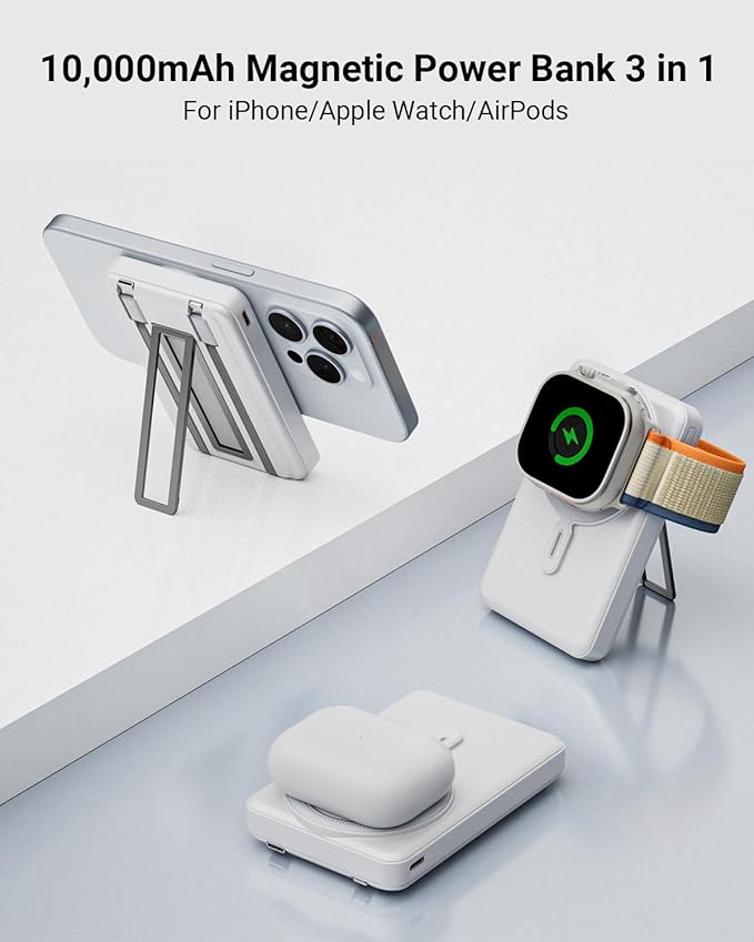 for Magsafe Power Bank 10000mAh, Magnetic Wireless Battery Pack with Stand and Cables, PD 20W Fast Charging Portable Charger for iPhone 16 Pro Max/15/14/13/12 Mini, Apple Watch
