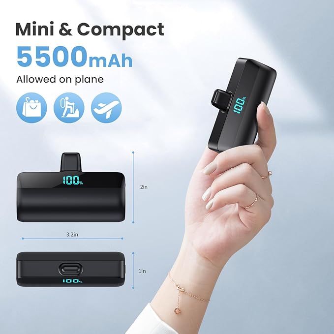 [2-Pack] Mini Portable Charger for iPhone 16/15 Series, Upgraded 5500mAh 3A PD Fast Charging USB C Power Bank, LCD Display Battery Pack Compatible with 16/16 Pro Max/15/15 Pro Max Samsung Android etc