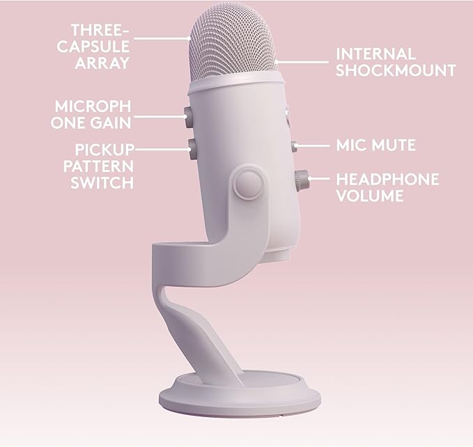 Logitech Creators Blue Yeti USB Microphone for Gaming, Streaming, Podcast, YouTube, Discord, PC, Studio Sound, Plug & Play-White Mist