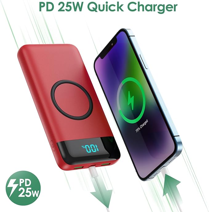Wireless Portable Charger 30,800mAh 15W Wireless Charging 25W PD QC4.0 Fast Charging Smart LED Display USB-C Power Bank,4 Output& 2 Input External Battery Pack Compatible with iPhone,Samsung etc-Red