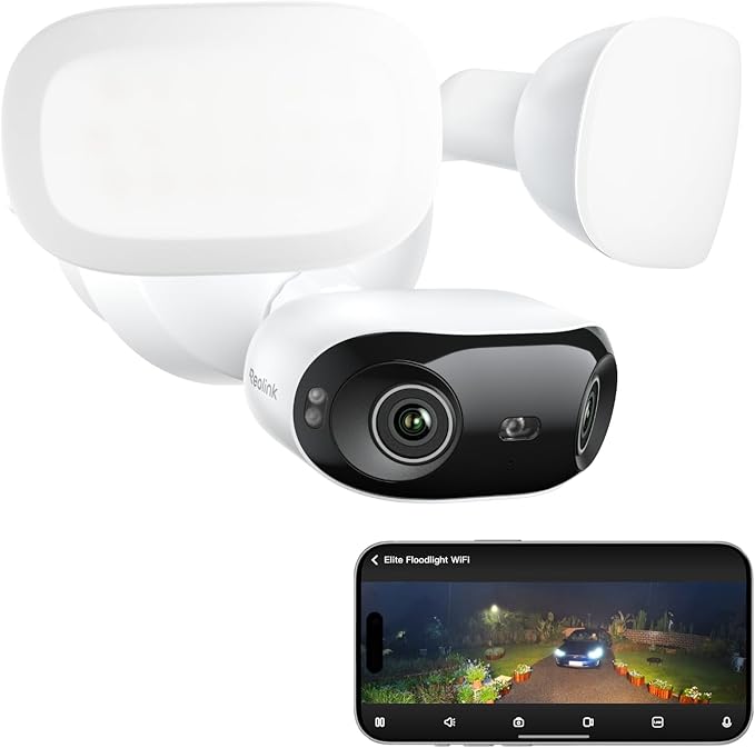 REOLINK Elite Floodlight WiFi, 4K 8MP 180° Panoramic Wired Floodlight Camera, Adjustable 3000 Lumens, Local AI Video Search, Perimeter Detection, Dual-Band Wi-Fi 6, 24/7 Recording, No Monthly Fees