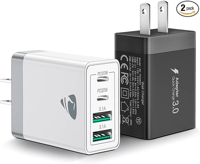 [2-Pack] USB C Wall Charger, Aiminu 40W Fast USB C Charger, 4-Port QC+PD 3.0 Power Adapter Double Fast Wall Plug Type C Charging Block for iPhone 15/14 Pro Max/13/12 mini/11/XS/XR,Tablet, Cube