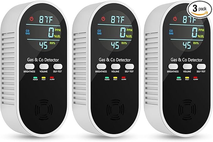 5-in-1 Carbon Monoxide Detectors, Natural Gas Leak Detector, Plug-in & Battery Backup Co Detector, HD Digital Display, CO Gas Temp Humidity Sensor, 3-Pcs, Black
