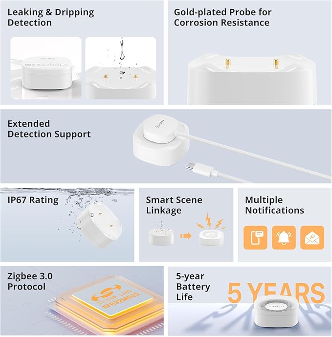 SONOFF SNZB-05P Zigbee Water Leak Sensor with Detection Cable for Alarm System and Smart Home Automation, Wireless Mini Flood Detector for Kitchen Bathroom Basement 1Pack