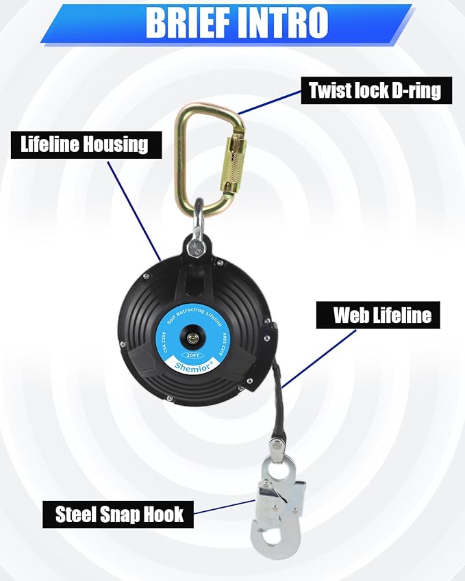 20FT Shemior Web Self Retracting Lifeline, No Tangle Lightweight Housing SRL, Self Retractable Safety Lanyard, Fall Arrest Protection PPE Gear for Roofing Construction, OSHA/ANSI Compliant