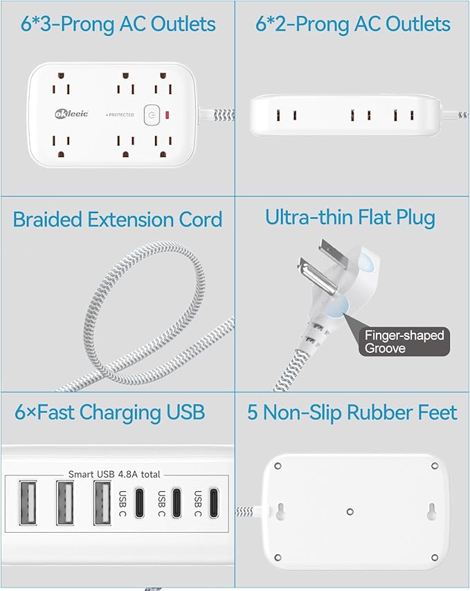 Flat Multi Plug Extender with 6 USB Wall Charger(3 USB C), 12 AC Outlets Wall Adapter, 3 ft Thin Extension Cord, Flat Plug Surge Protector Power Strip (2100J) for Home, Office, College Dorm. White