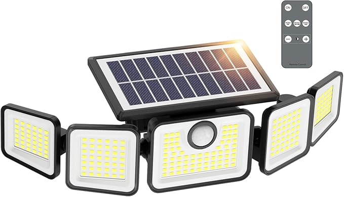 Solar Lights Outdoor, 6000LM Solar Flood Lights Outdoor, 230 LED 5 Heads Motion Sensor Lights Waterproof with Remote Control for Outside Yard House Patio 1 Pack