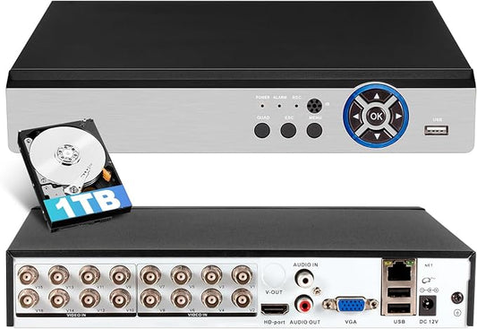 Fuers 5MP 16Channel Security Recorder DVR H.265+ Hybrid 6-in-1 AHD/TVI/CVI/CVBS/IP/XVI Camera DVR,16CH Surveillance Video Recorder Human Detection, 24/7 Recording (Preinstalled with 1TB HDD)