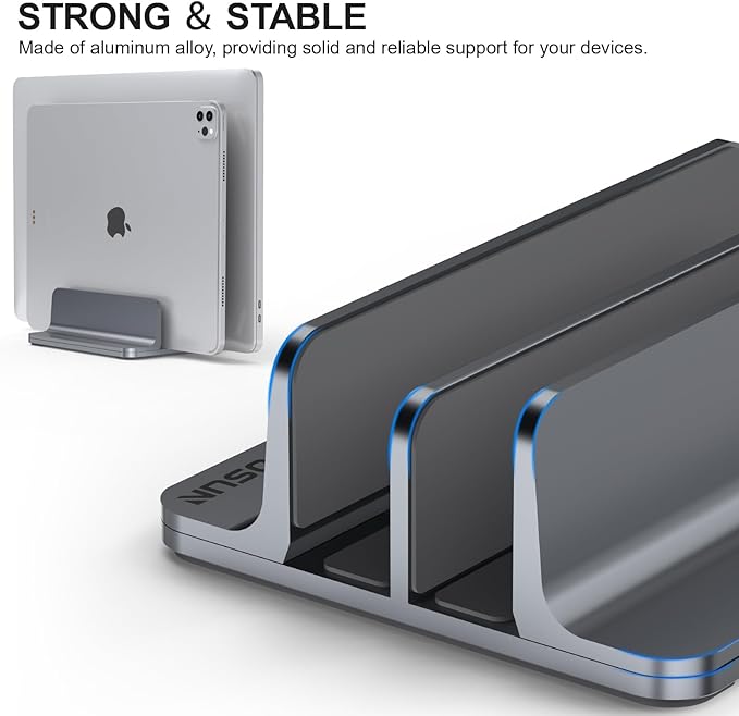 Dual-Slot Aluminum Vertical Laptop Stand for Desk - Adjustable Width Dock for MacBook, Surface, Samsung, HP, Dell up to 17.3 inches - Space-Saving & Protective Design - Gray