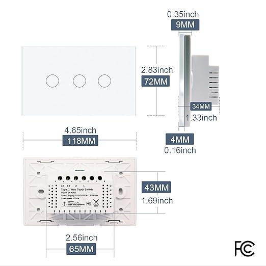 Light Switch No Neutral Wire,Single Live Wire Light Switch No WiFi,Tempered Glass Panel,Total Power Maximum 1000W,FCC Certification,White 3 Gang