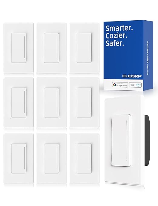 ELEGRP Smart Dimmer Light Switch DTR30, Single Pole or 3 Way, 2.4GHz Wi-Fi Touch Dimmer Compatible with Alexa/Google Assistant, Needs Neutral Wire, No Hub Required, UL and FCC Listed, White, 10 Pack