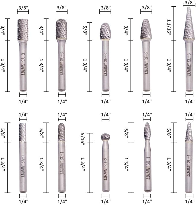 LU&MN Die Grinder Bits, Double Cut Solid Carbide Rotary Burrs Set with 1/4 Inch Shank for Metal Carving, Polishing, Engraving, and Drilling (10 Pcs-Set)
