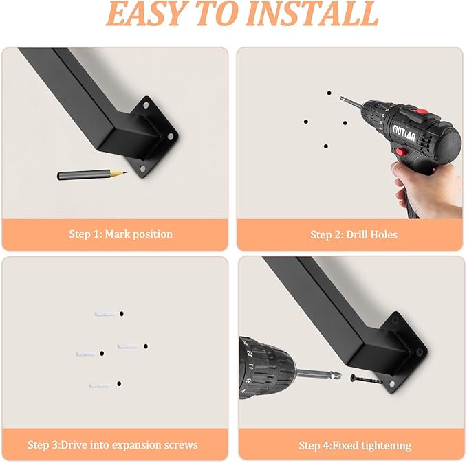 Stair Railing Metal Hand Rails for Indoor Stairs Wall Mount Staircase Handrails 1.25" Pipe Stair Handrail for Steps Black Iron Stairway Railing for Outdoor & Indoor Stairs -48inch