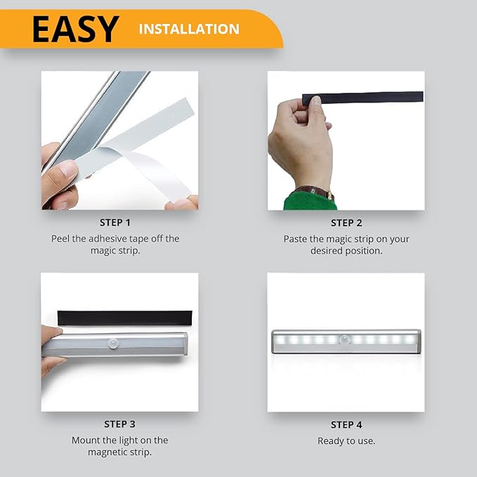 PeakPlus LED Motion Sensor Light, LED Battery Operated Lights, Under Cabinet Lighting, Stick On Lights, 10-LED Magnetic Wireless Motion Sensor Night Light for Closet, Counter, Stairway (4 Pack)