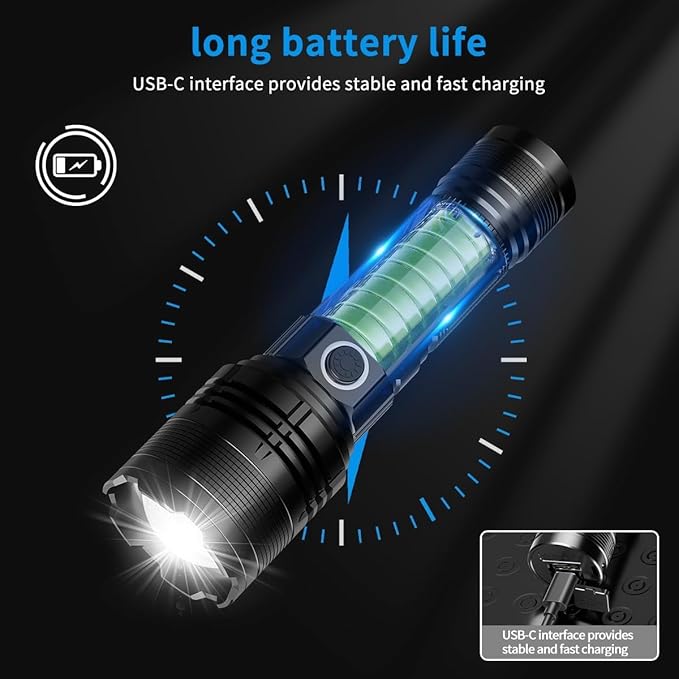 Rechargeable Flashlight, Tactical Flashlights 2000 High Lumens, USB C Bright Flashlights, Handheld LED Flashlight Rechargeable 5 Modes for Home,Camping, Police, etc
